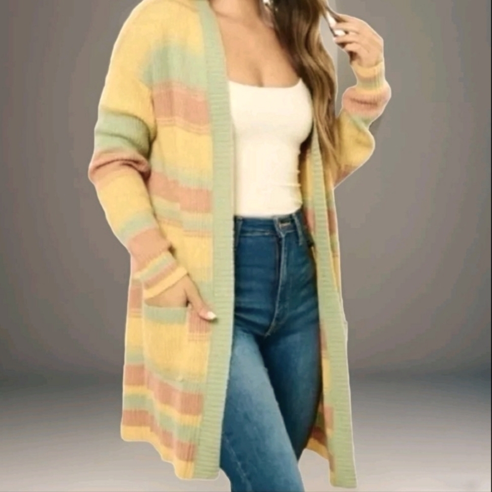 Hem & Thread Multi Colored Knit Pocket Cardigan Sweater